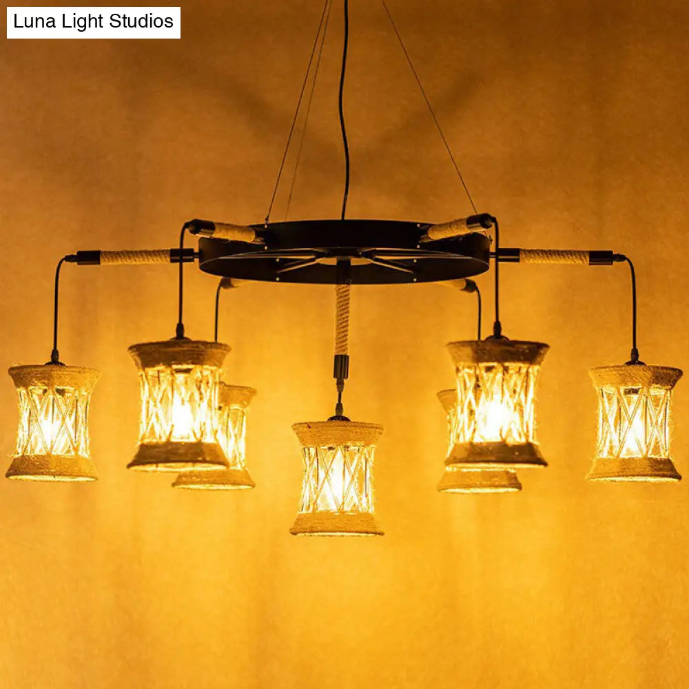 Brown X-Woven Rope Cylinder Pendant Lamp: Farmhouse 7-Light Chandelier With Wheel Design For Dining