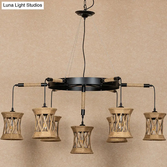 Woven Rope 7-Light Cylinder Pendant Chandelier With Wheel Design - Farmhouse Dining Room Ceiling