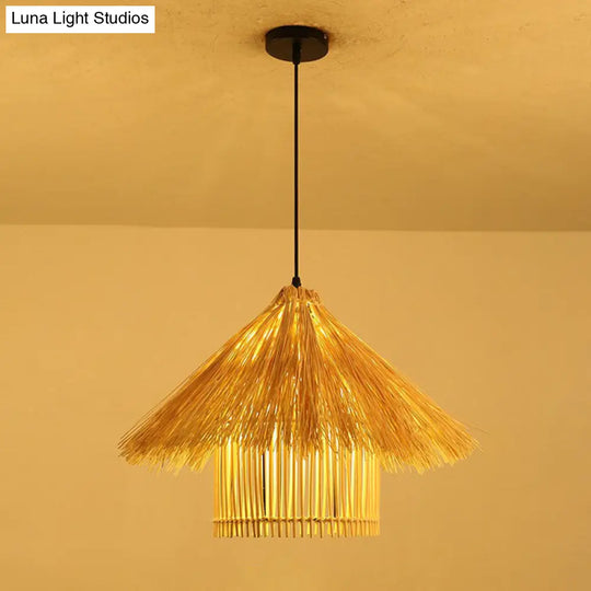 Woven Shade Drop Pendant Wood Hanging Light - Beige- Ideal For Restaurants