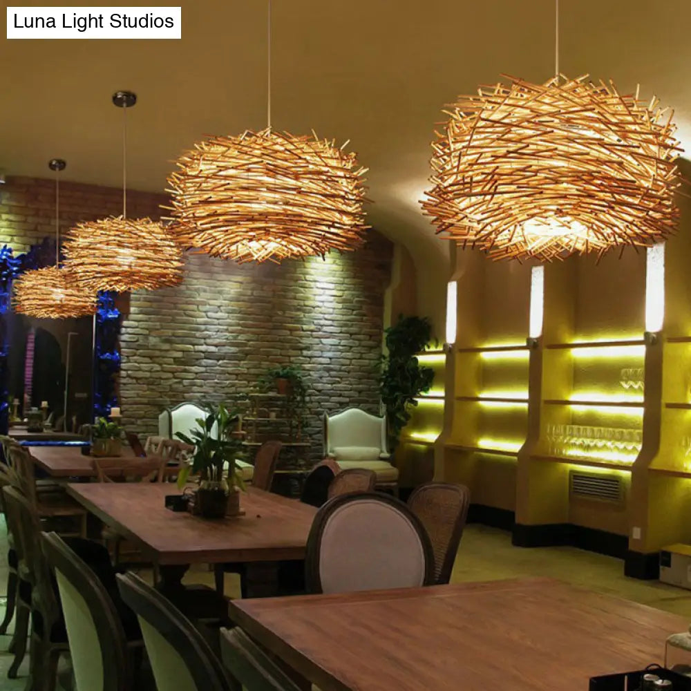 Woven Shade Drop Pendant Wood Hanging Light - Beige- Ideal For Restaurants