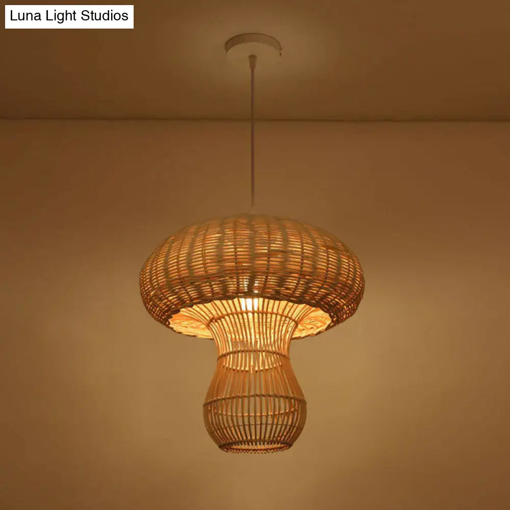 Woven Shade Drop Pendant Wood Hanging Light - Beige- Ideal For Restaurants