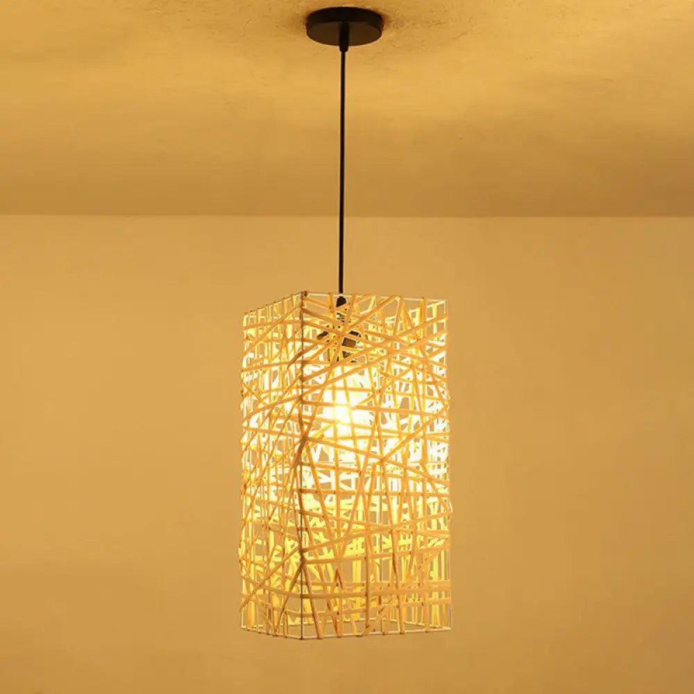 Woven Shade Drop Pendant Wood Hanging Light - Beige- Ideal For Restaurants / D