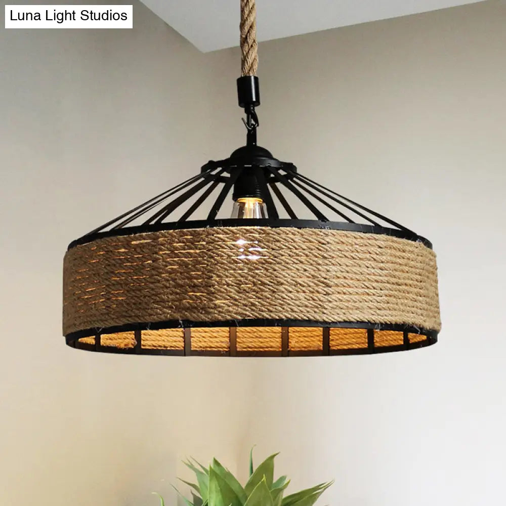 Wrought Iron Barn Pendant Light With Hemp Rope Single Bulb Drop Lamp For Bars