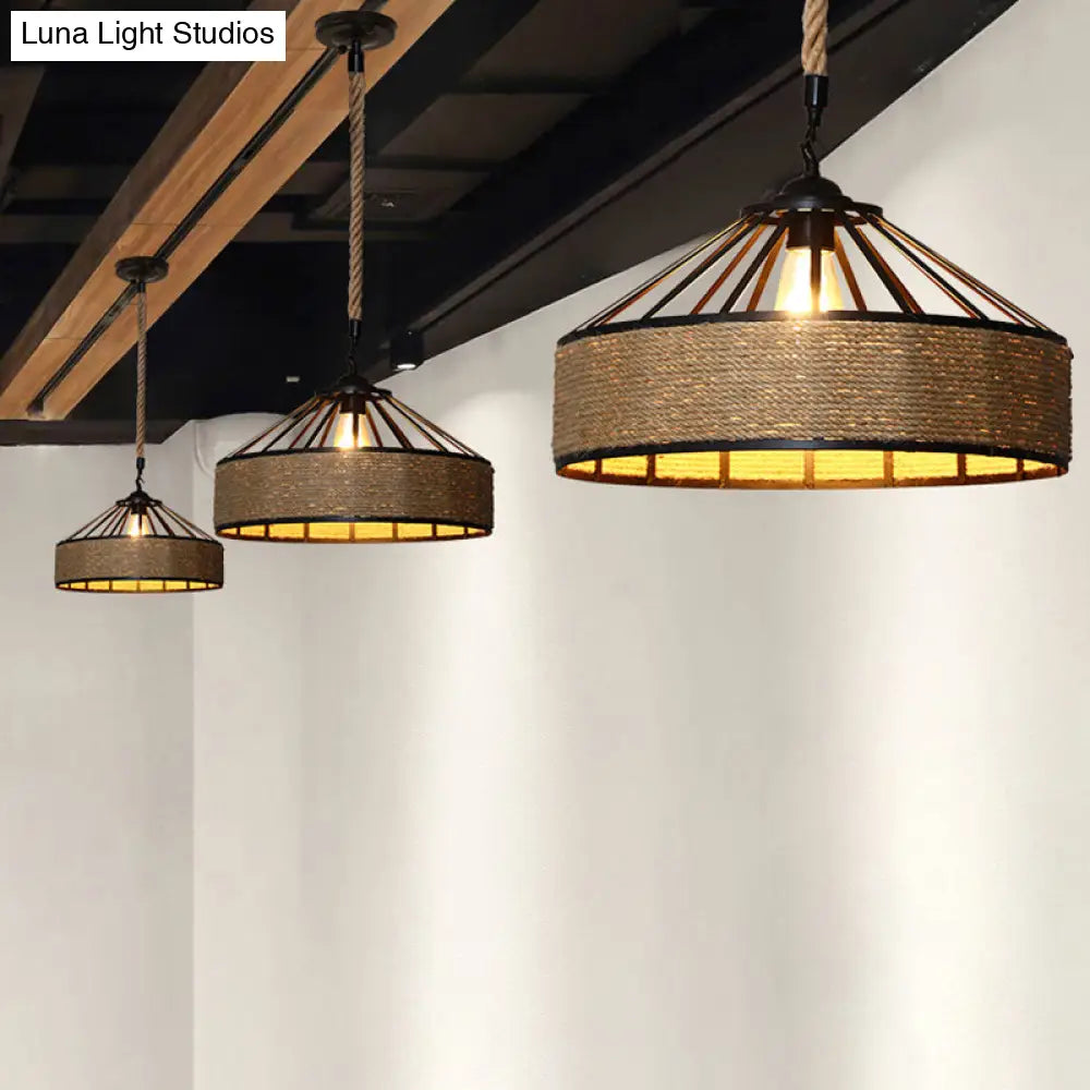 Wrought Iron Barn Pendant Light With Hemp Rope Single Bulb Drop Lamp For Bars