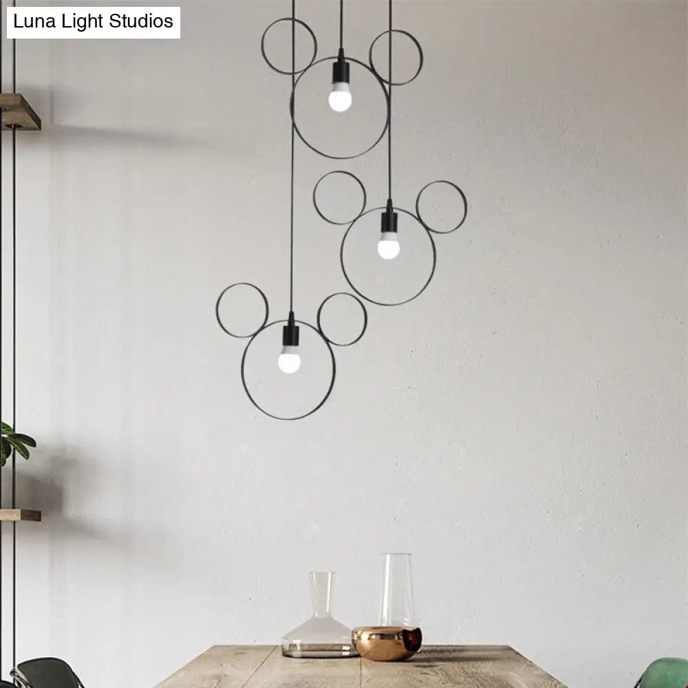 Wrought Iron Bear Pendant Light - Modern Style 3-Light Hanging Lamp In Black