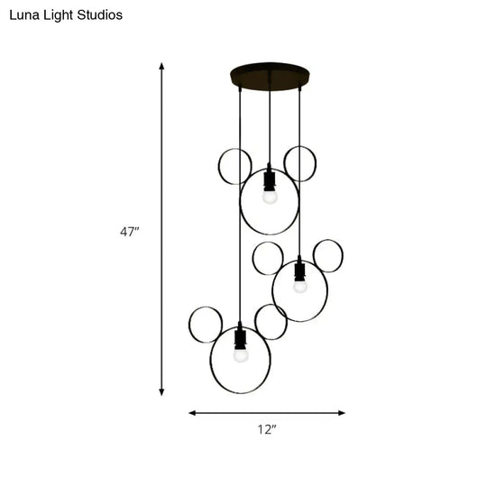 Wrought Iron Bear Pendant Light - Modern Style 3-Light Hanging Lamp In Black