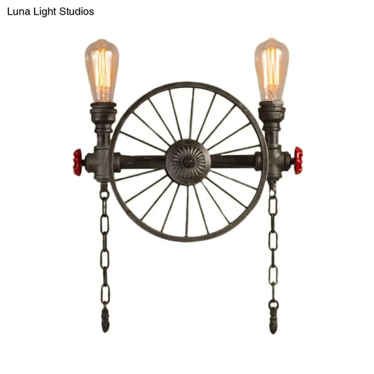 Wrought Iron Bistro Wall Light With Decorative Wheel And Chain In Silver/Bronze - 2/4-Light Loft