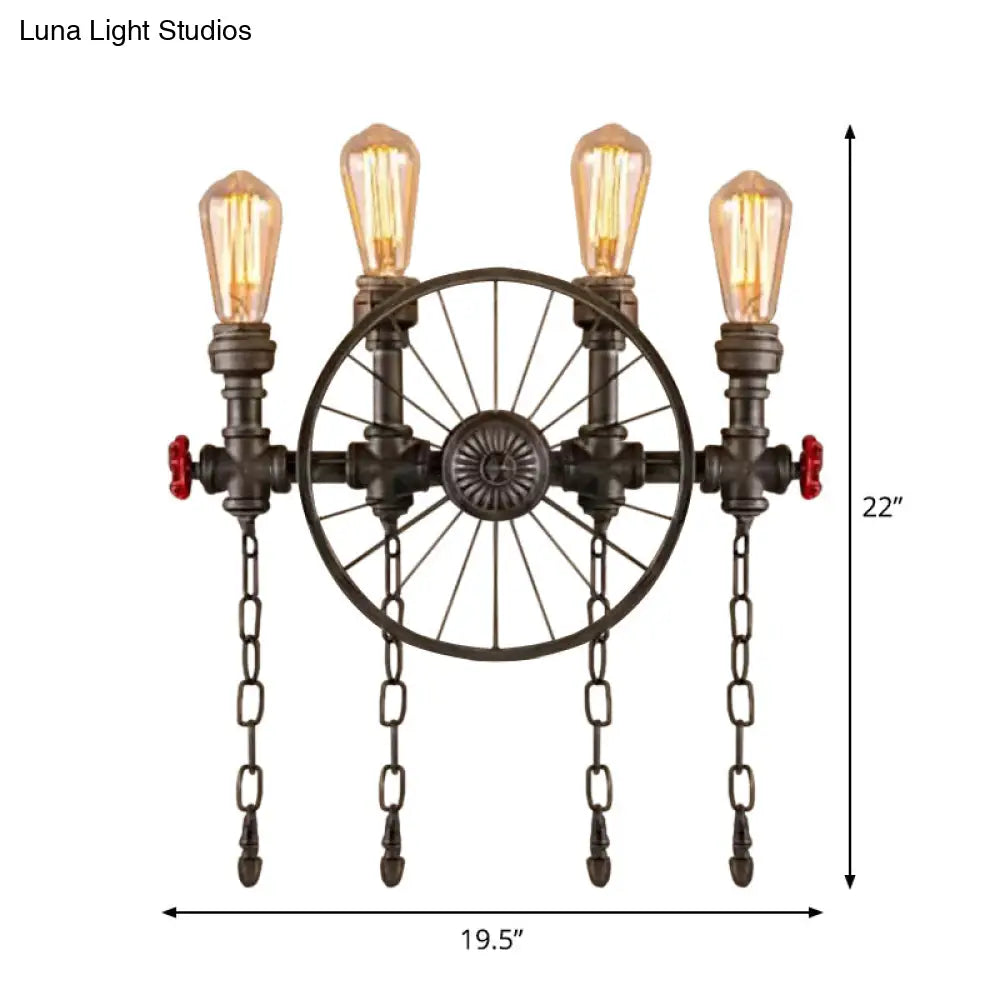 Wrought Iron Bistro Wall Light With Decorative Wheel And Chain In Silver/Bronze - 2/4-Light Loft