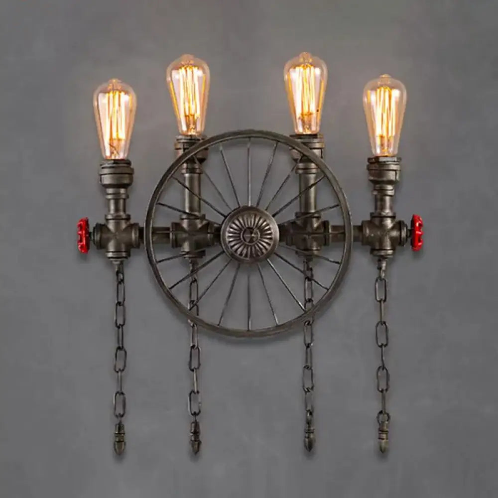 Wrought Iron Bistro Wall Light With Decorative Wheel And Chain In Silver/Bronze - 2/4-Light Loft