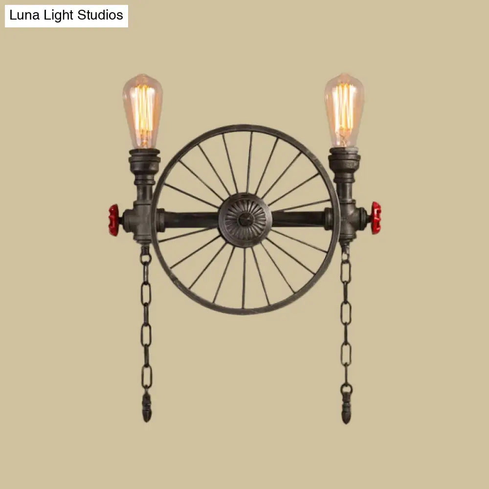 Wrought Iron Bistro Wall Light With Decorative Wheel And Chain In Silver/Bronze - 2/4-Light Loft