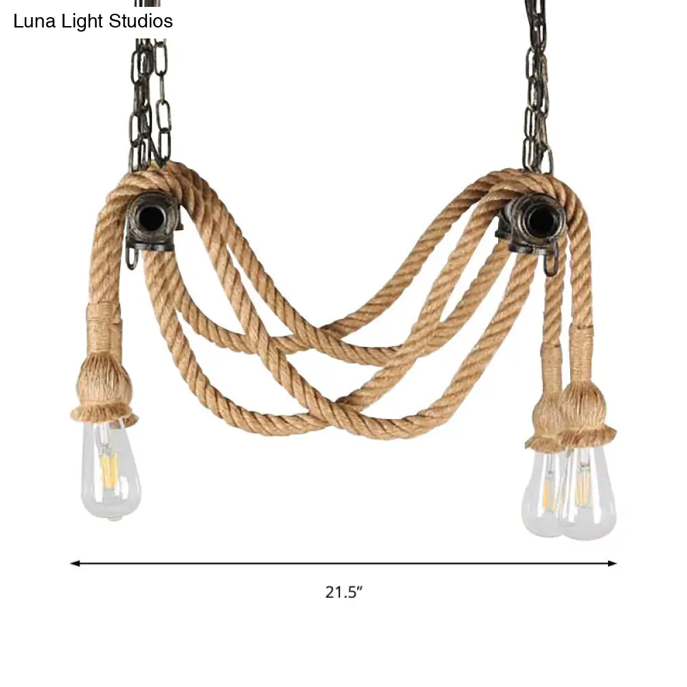 Wrought Iron Bronze Chandelier Lamp With Hemp Rope For Bar - Antique Style 4 Lights Open Bulb