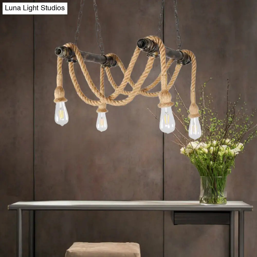 Antique Style Wrought Iron Chandelier With Hemp Rope - 4 Lights Bronze Suspension Lamp For Bar