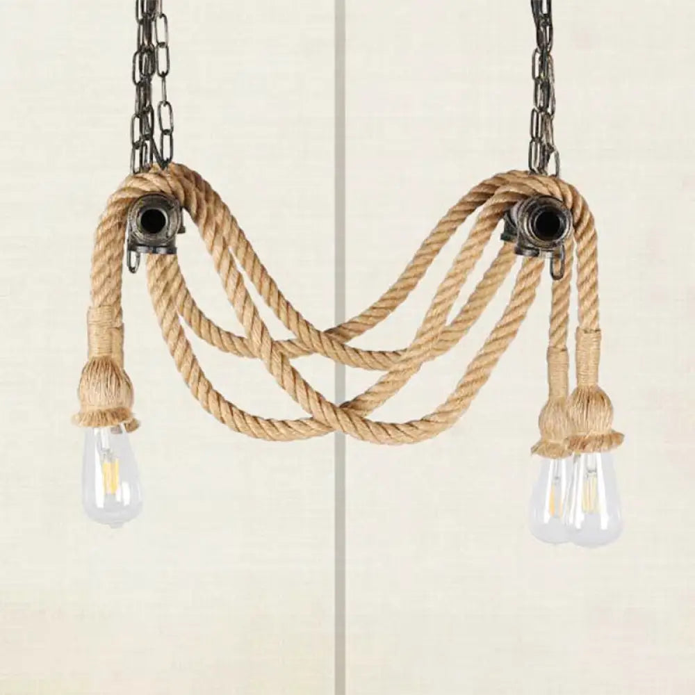 Wrought Iron Bronze Chandelier Lamp With Hemp Rope For Bar - Antique Style 4 Lights Open Bulb