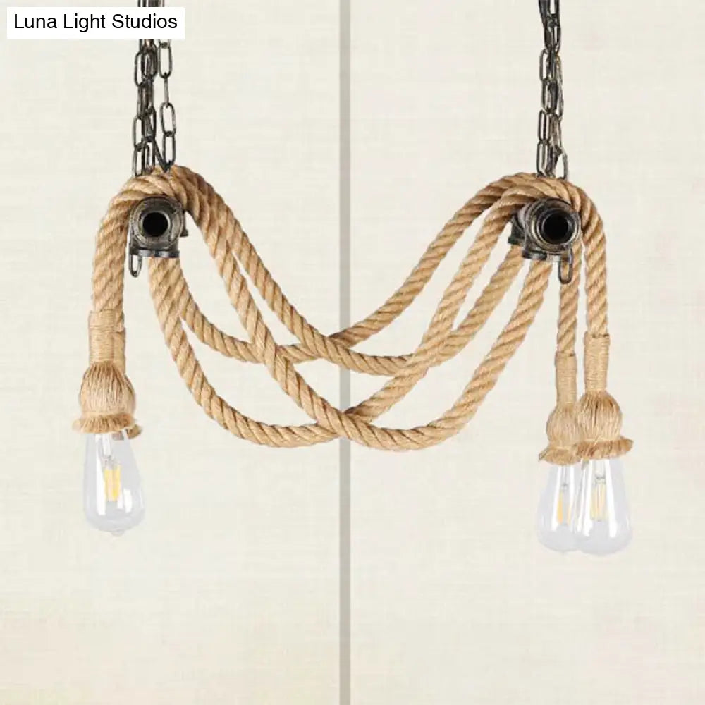 Antique Style Wrought Iron Chandelier With Hemp Rope - 4 Lights Bronze Suspension Lamp For Bar