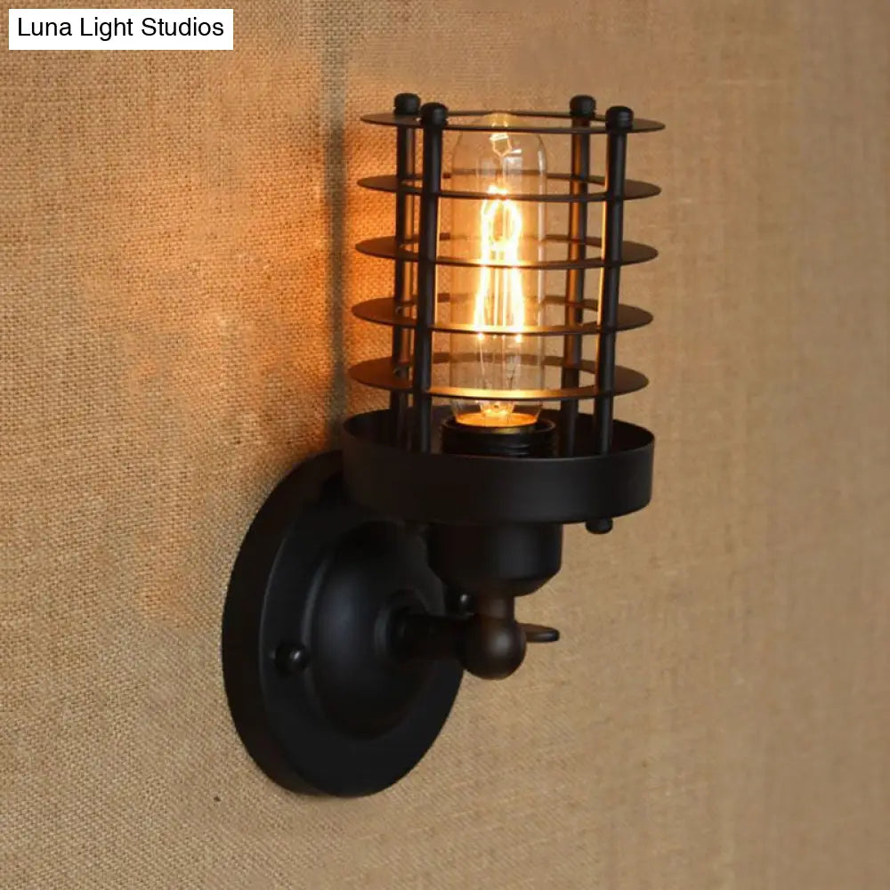 Wrought Iron Cage Wall Light - Industrial Rust/Black Finish