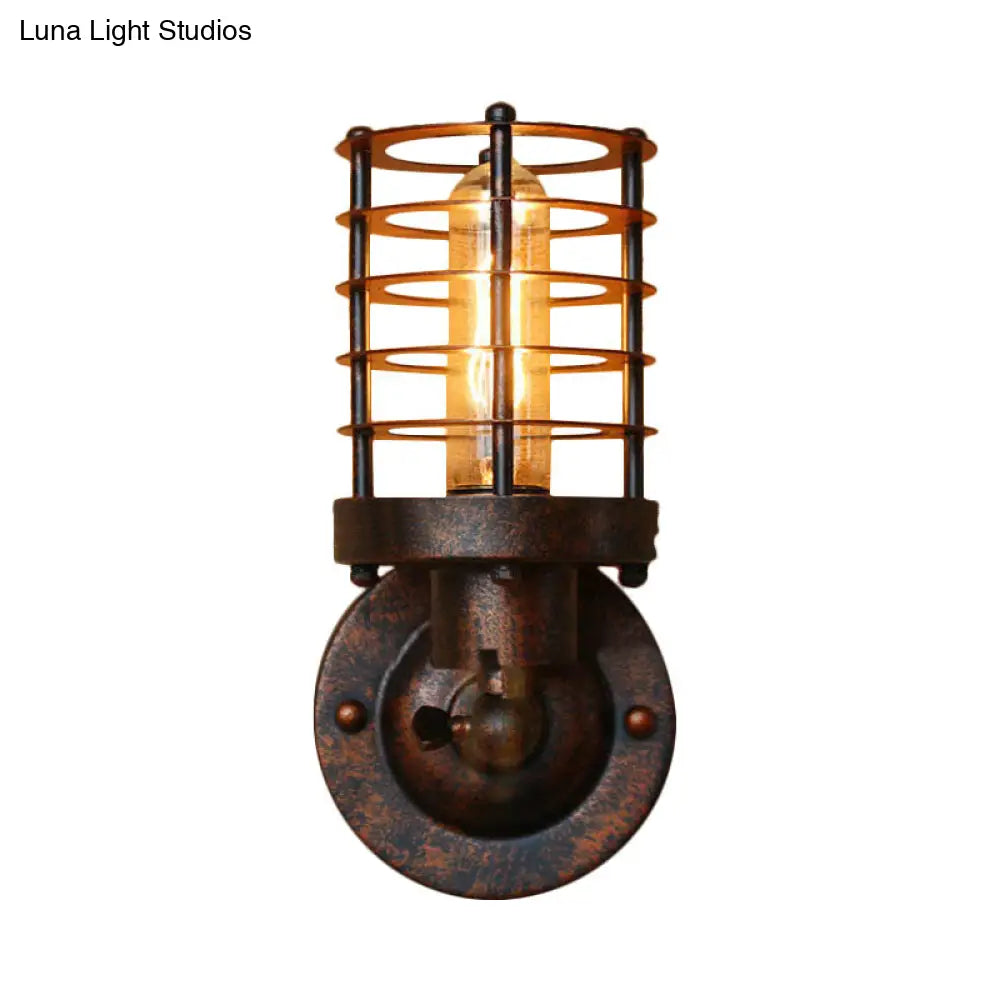 Wrought Iron Cage Wall Light - Industrial Rust/Black Finish