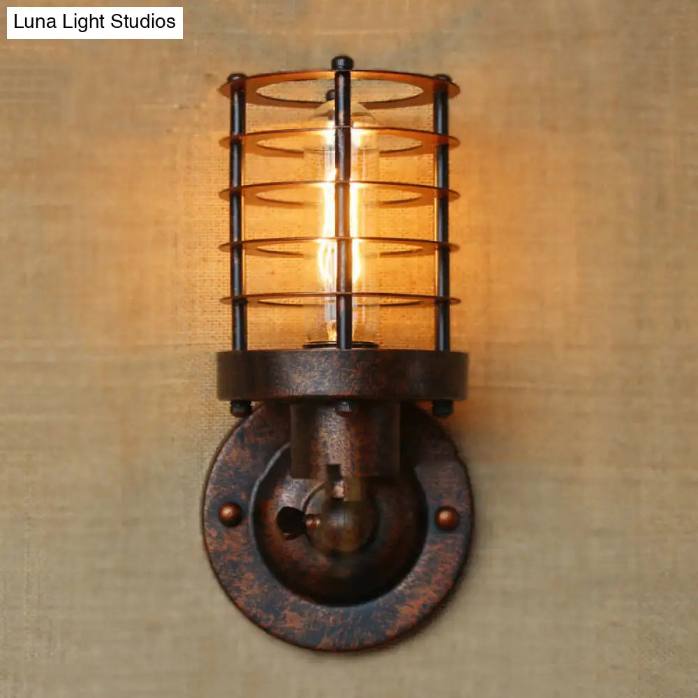 Wrought Iron Cage Wall Light - Industrial Rust/Black Finish