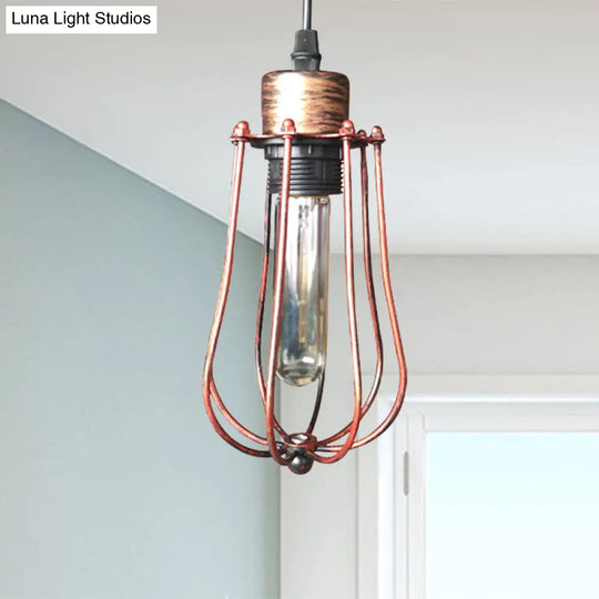 Wrought Iron Caged Pendant Light Rustic Industrial - Coffee Shop Suspension In Aged Silver/Copper