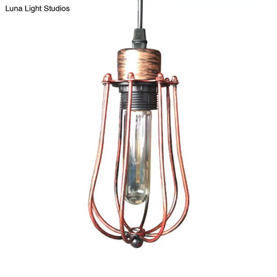 Wrought Iron Caged Pendant Light Rustic Industrial - Coffee Shop Suspension In Aged Silver/Copper