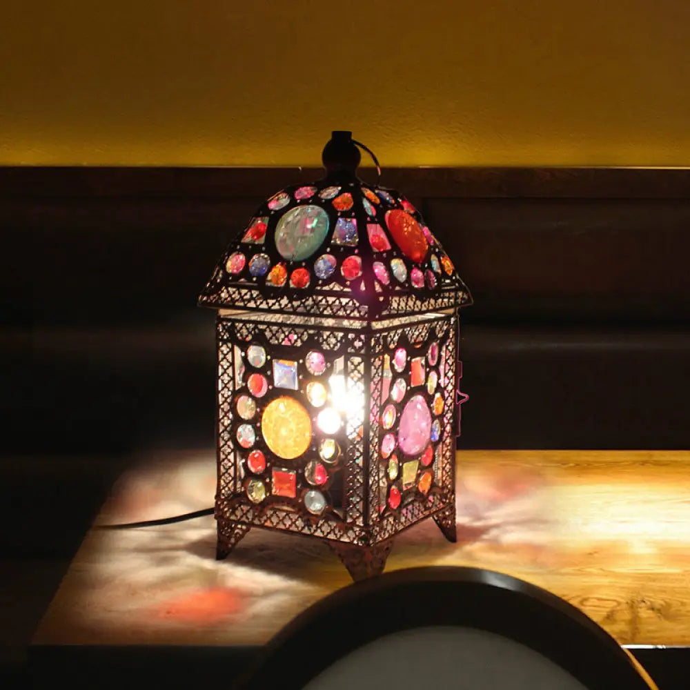 Wrought Iron House Desk Lamp - Moroccan-Style 1-Light With Beads Black/Pink Pink-Black