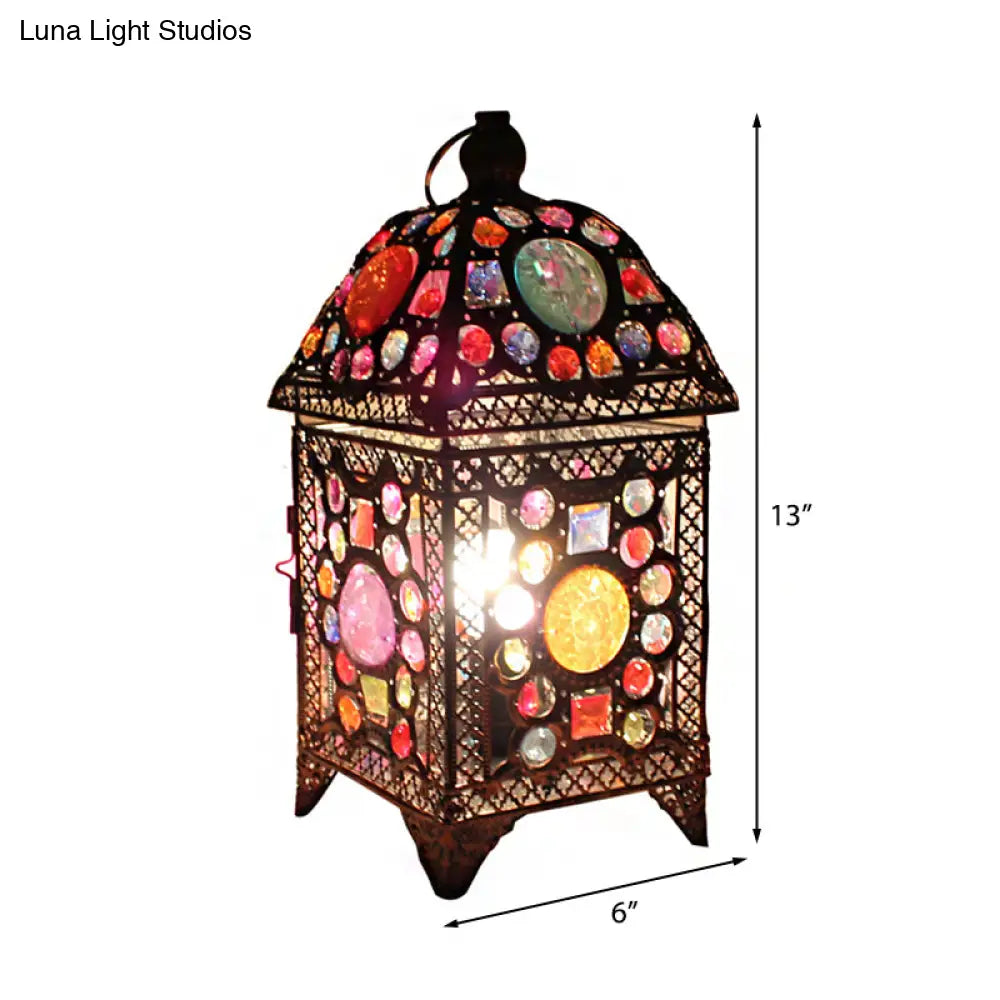 Wrought Iron House Desk Lamp - Moroccan-Style 1-Light With Beads Black/Pink