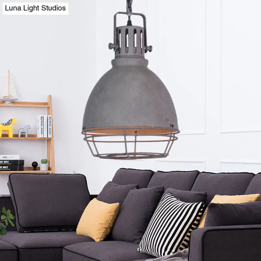 Industrial Wrought Iron Pendant Lighting With Bell Shade And Wire Guard In Grey / Dome