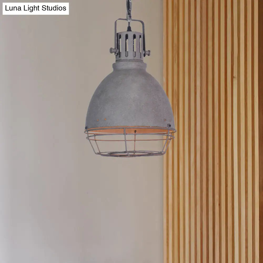 Industrial Wrought Iron Pendant Lighting With Bell Shade And Wire Guard In Grey