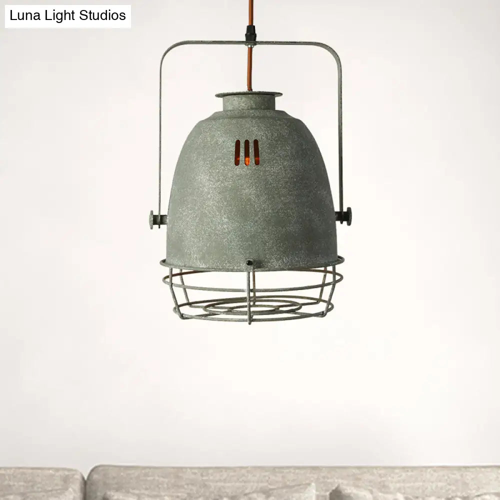 Wrought Iron Pendant Lighting With Bell/Dome Shade - Industrial 1 Light Hanging Lamp In Grey