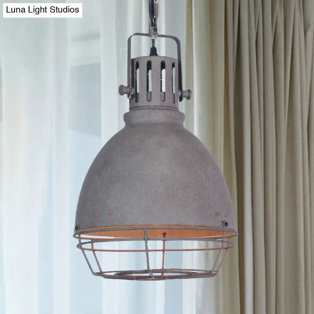 Industrial Wrought Iron Pendant Lighting With Bell Shade And Wire Guard In Grey