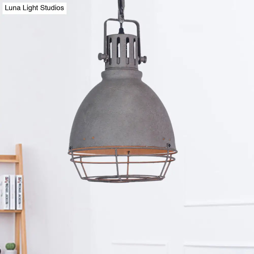 Wrought Iron Pendant Lighting With Bell/Dome Shade - Industrial 1 Light Hanging Lamp In Grey