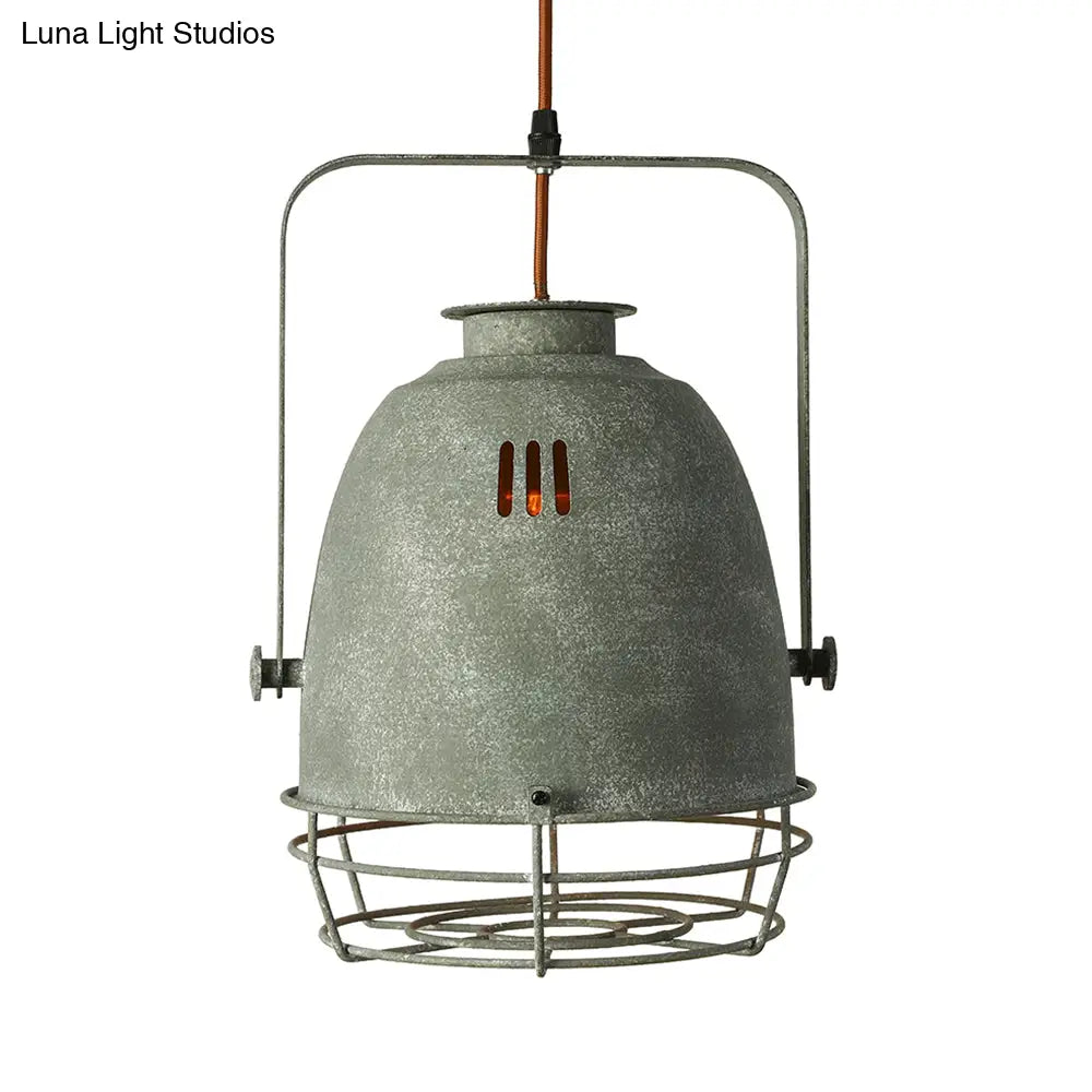 Wrought Iron Pendant Lighting With Bell/Dome Shade - Industrial 1 Light Hanging Lamp In Grey