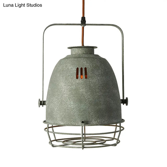 Wrought Iron Pendant Lighting With Bell/Dome Shade - Industrial 1 Light Hanging Lamp In Grey