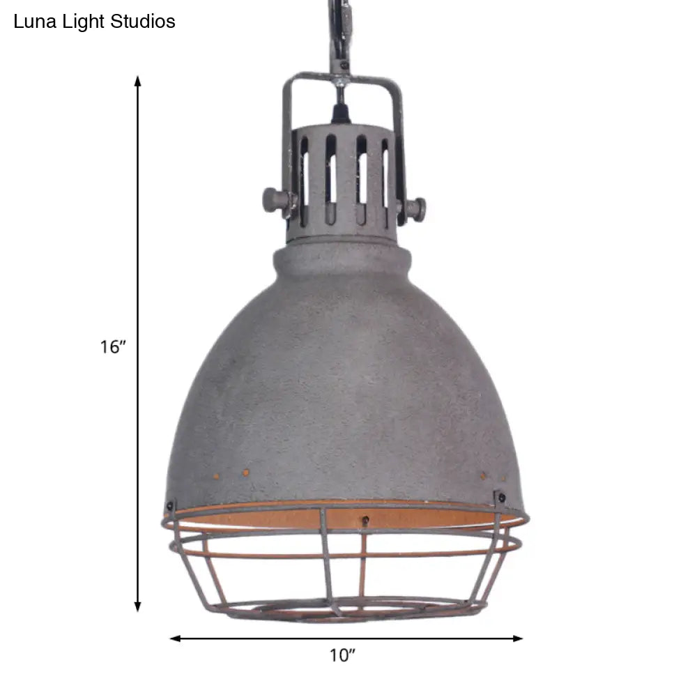 Wrought Iron Pendant Lighting With Bell/Dome Shade - Industrial 1 Light Hanging Lamp In Grey