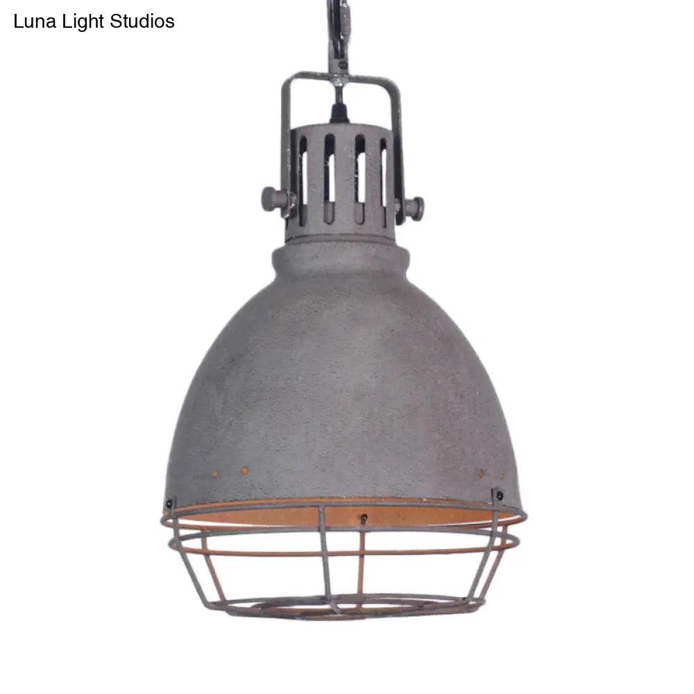 Industrial Wrought Iron Pendant Lighting With Bell Shade And Wire Guard In Grey