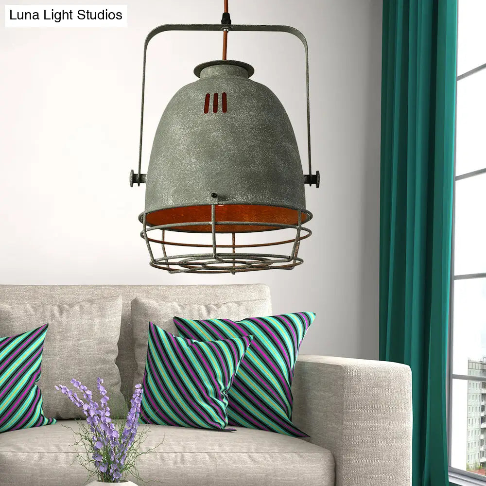 Industrial Wrought Iron Pendant Lighting With Bell Shade And Wire Guard In Grey /