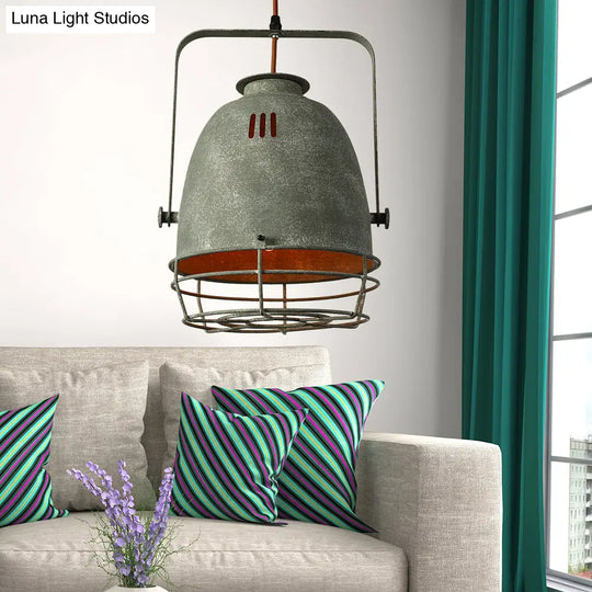 Industrial Wrought Iron Pendant Lighting With Bell Shade And Wire Guard In Grey /