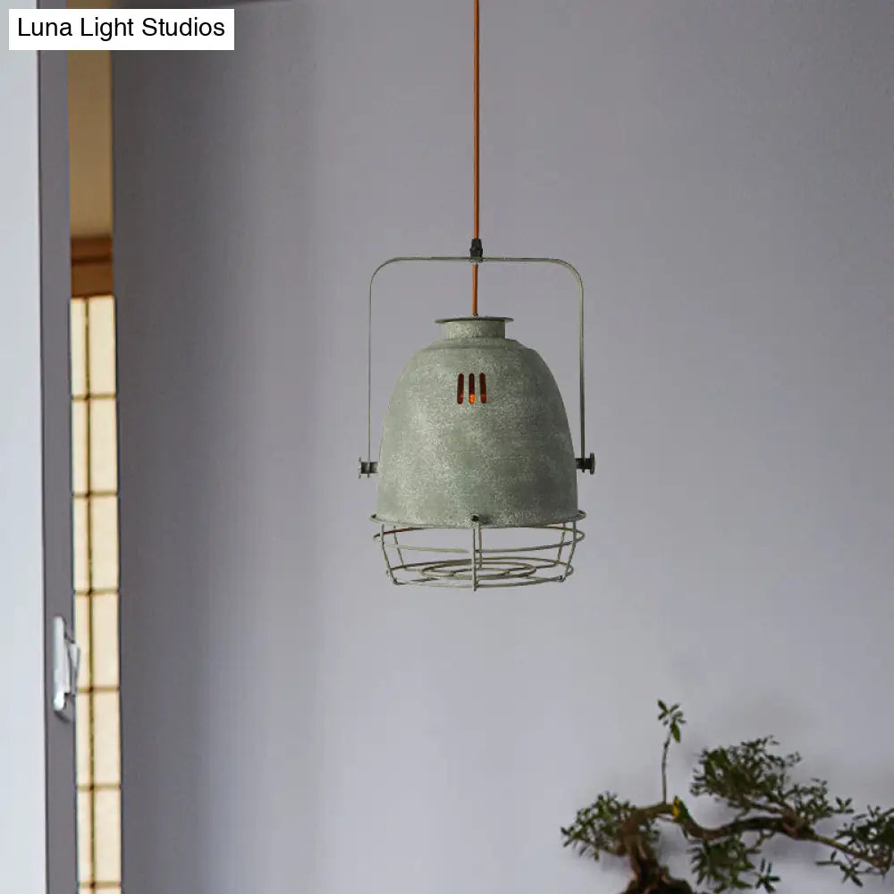 Industrial Wrought Iron Pendant Lighting With Bell Shade And Wire Guard In Grey