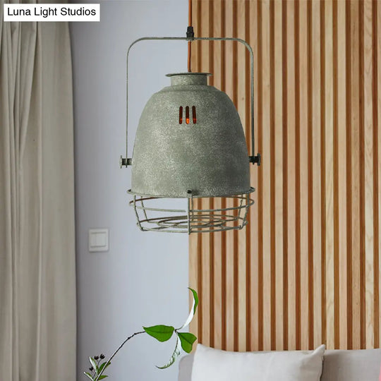 Wrought Iron Pendant Lighting With Bell/Dome Shade - Industrial 1 Light Hanging Lamp In Grey