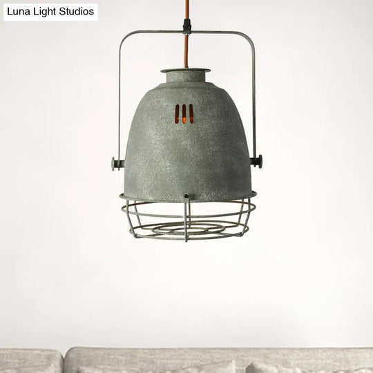 Industrial Wrought Iron Pendant Lighting With Bell Shade And Wire Guard In Grey