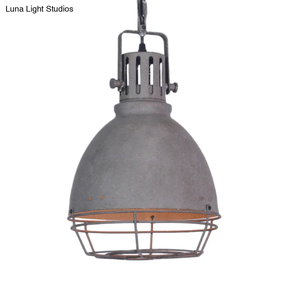 Wrought Iron Pendant Lighting With Bell/Dome Shade - Industrial 1 Light Hanging Lamp In Grey