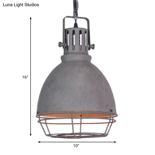 Industrial Wrought Iron Pendant Lighting With Bell Shade And Wire Guard In Grey