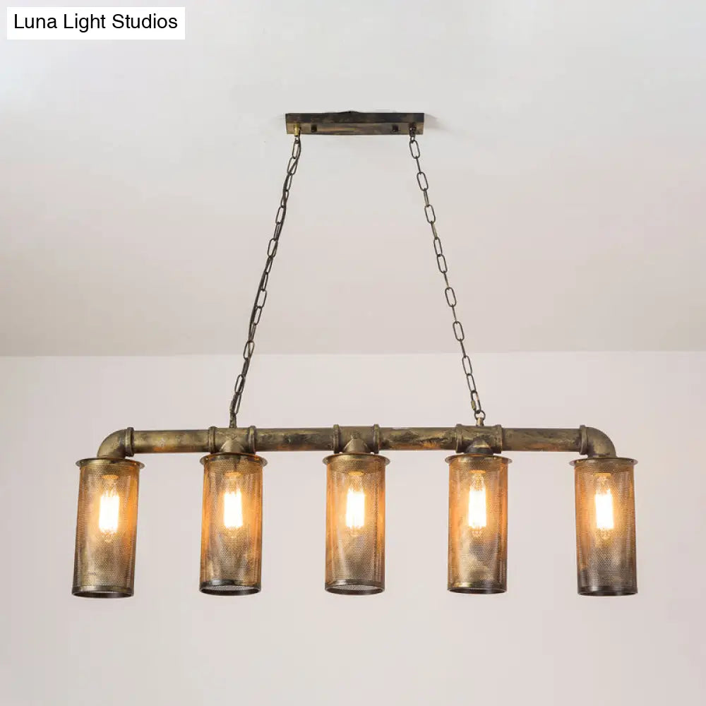 Wrought Iron Pipe Pendant Lighting With 5 Heads - Warehouse Brass Ceiling Light For Restaurant