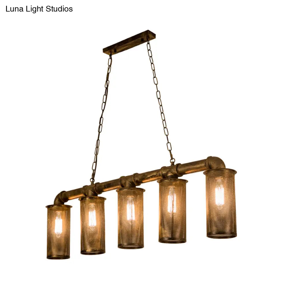 Wrought Iron Pipe Pendant Lighting With 5 Heads - Warehouse Brass Ceiling Light For Restaurant