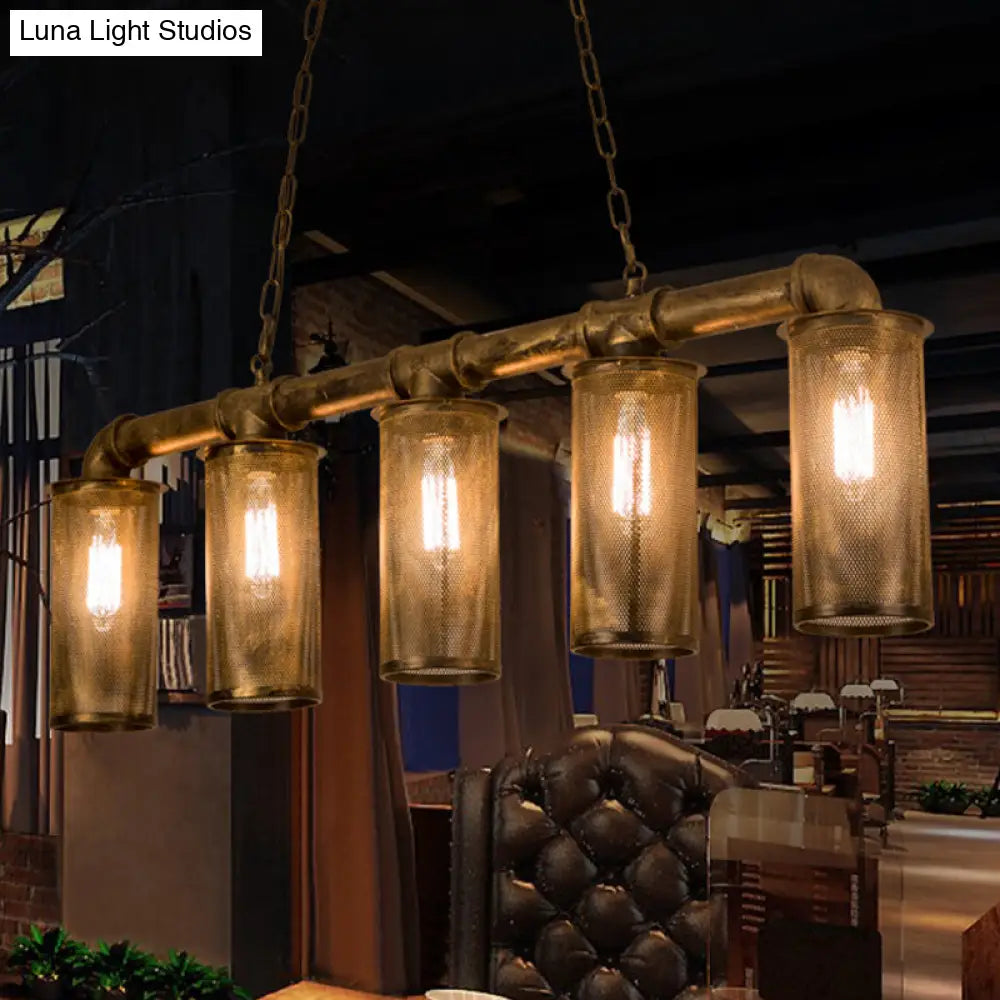 Wrought Iron Pipe Pendant Lighting With 5 Heads - Warehouse Brass Ceiling Light For Restaurant