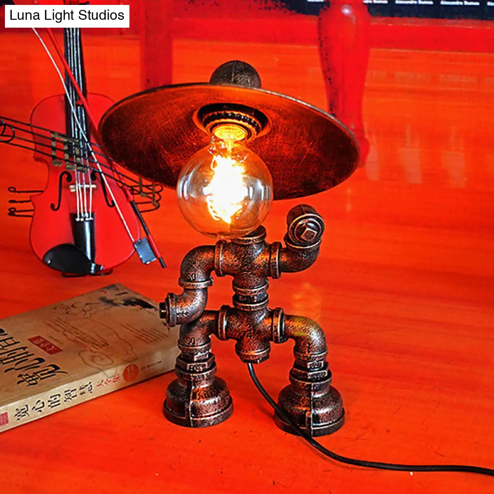 Wrought Iron Robot Table Lamp - Rustic Style With Plumbing Pipe 1 Bulb Antique Brass Bedroom