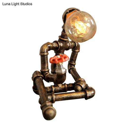 Wrought Iron Robot Table Lamp - Rustic Style With Plumbing Pipe 1 Bulb Antique Brass Bedroom