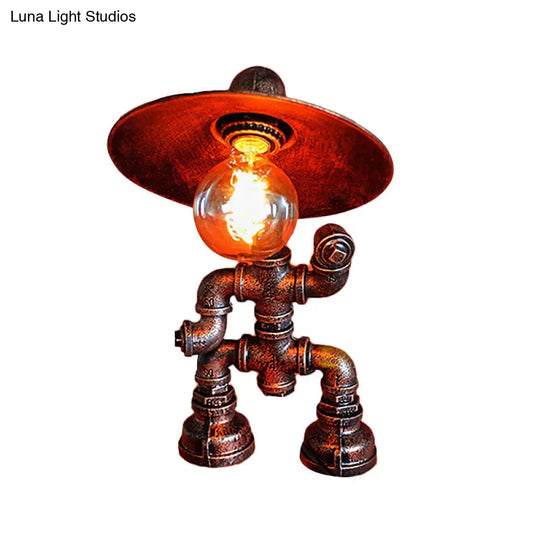 Wrought Iron Robot Table Lamp - Rustic Style With Plumbing Pipe 1 Bulb Antique Brass Bedroom