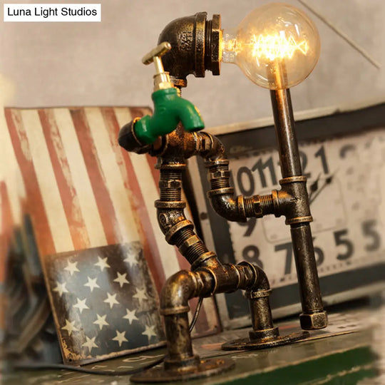 Wrought Iron Robot Table Lamp - Rustic Style With Plumbing Pipe 1 Bulb Antique Brass Bedroom