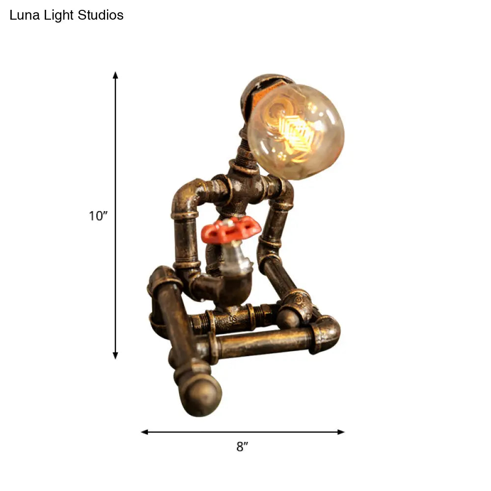 Wrought Iron Robot Table Lamp - Rustic Style With Plumbing Pipe 1 Bulb Antique Brass Bedroom