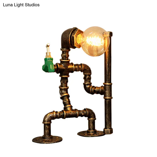 Wrought Iron Robot Table Lamp - Rustic Style With Plumbing Pipe 1 Bulb Antique Brass Bedroom